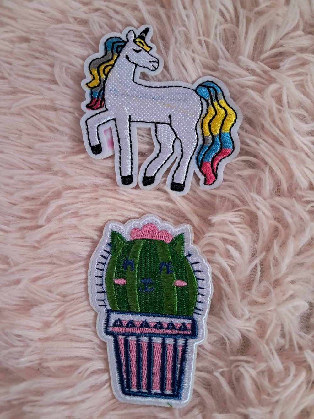 Unicorn with Rainbow Mane & Green Cactus Cat Iron-On Patch Set Of 2